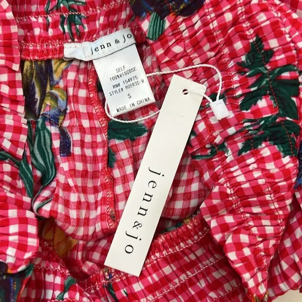 Jenn & Jo NWT Gingham Floral Iris Boho Cottagecore Ruffle Mini Skirt Size S